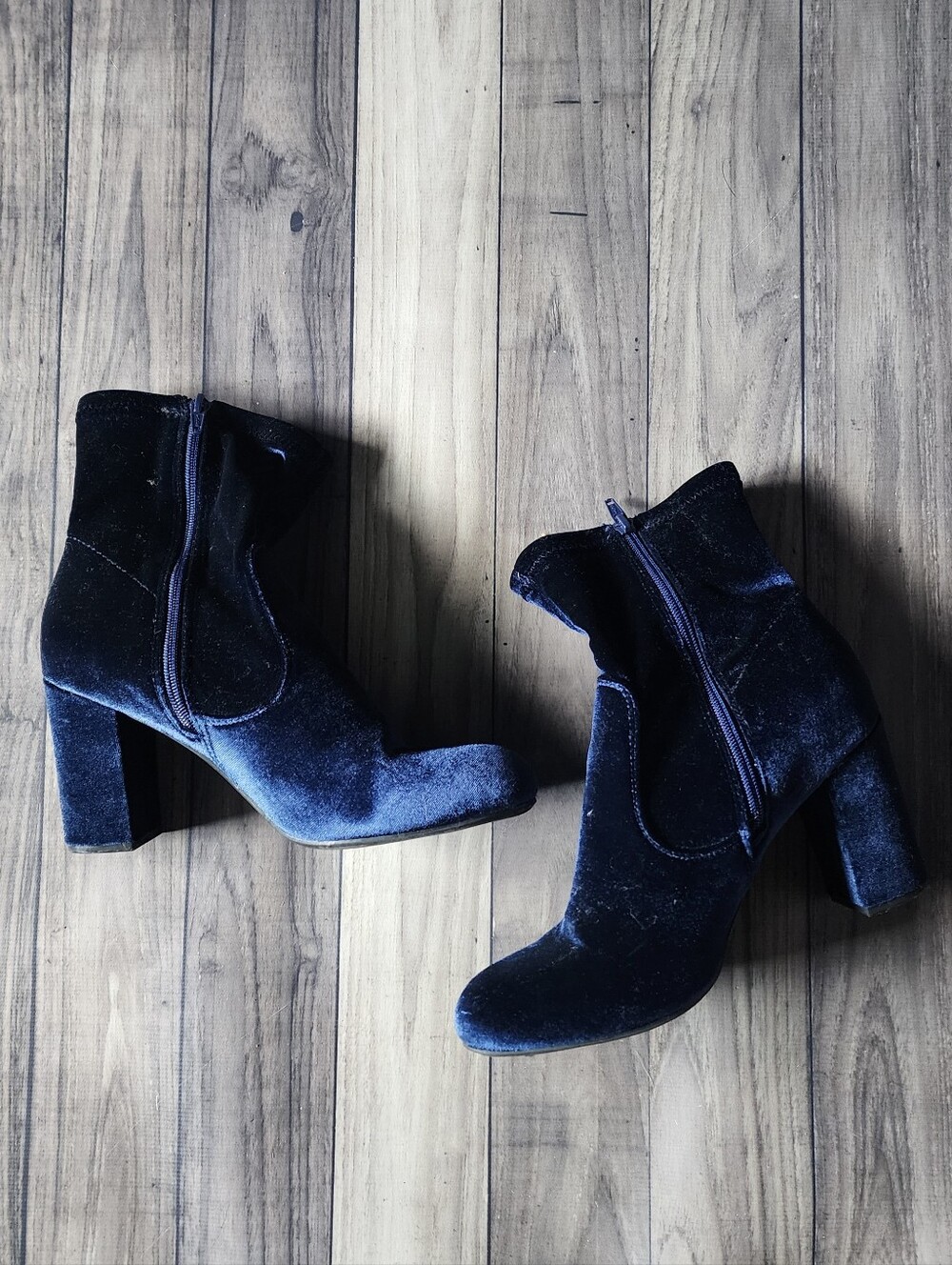 Velvety/Velour Block Heel Ankle Boots - Navy 9.5